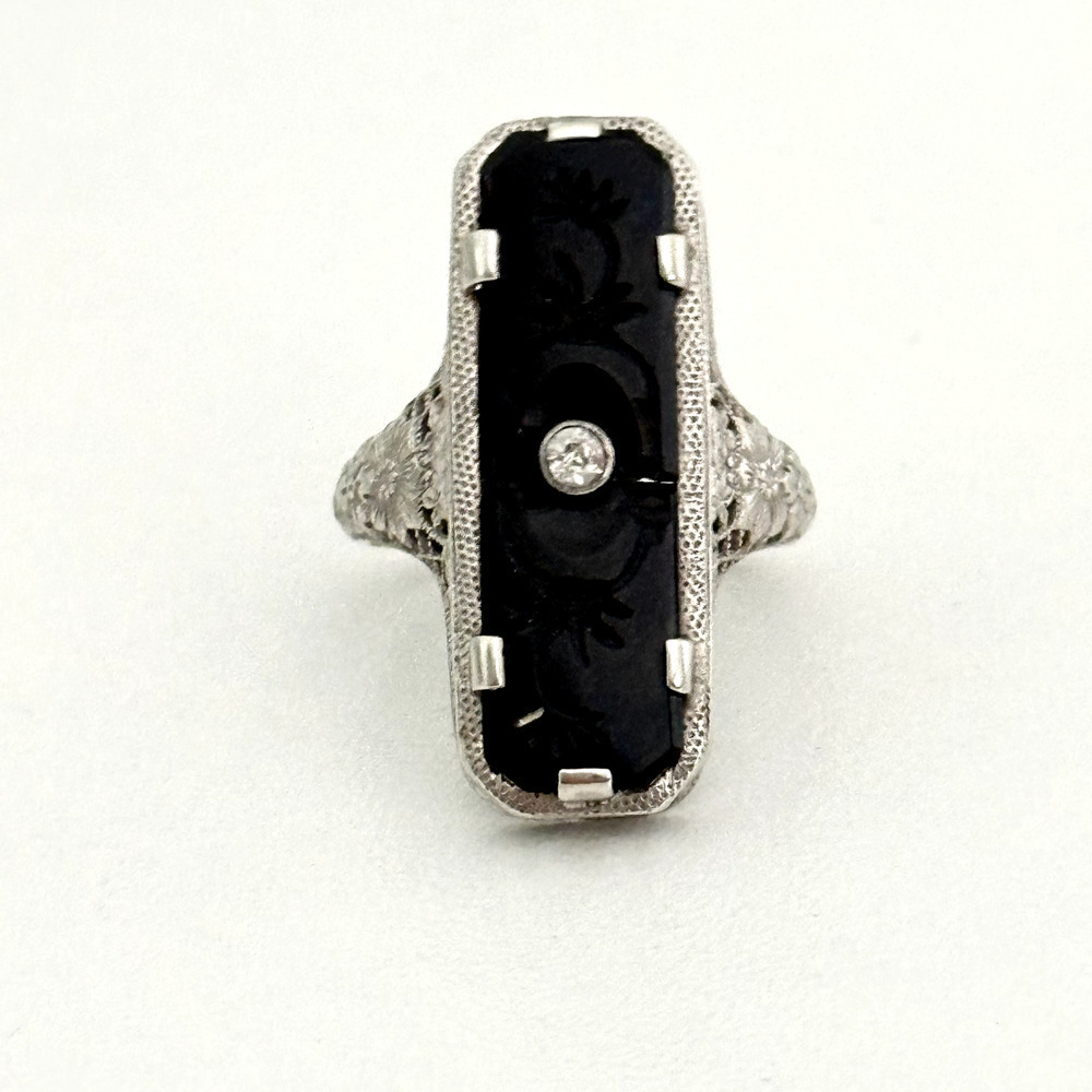 Antique Art Deco 14k White Gold Carved Onyx & Diamond Filigree Ring Size 2.75
